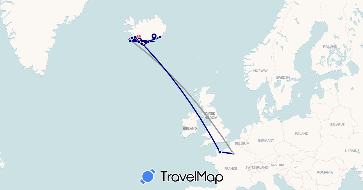 TravelMap itinerary: driving, plane, hiking, boat in France, Iceland (Europe)